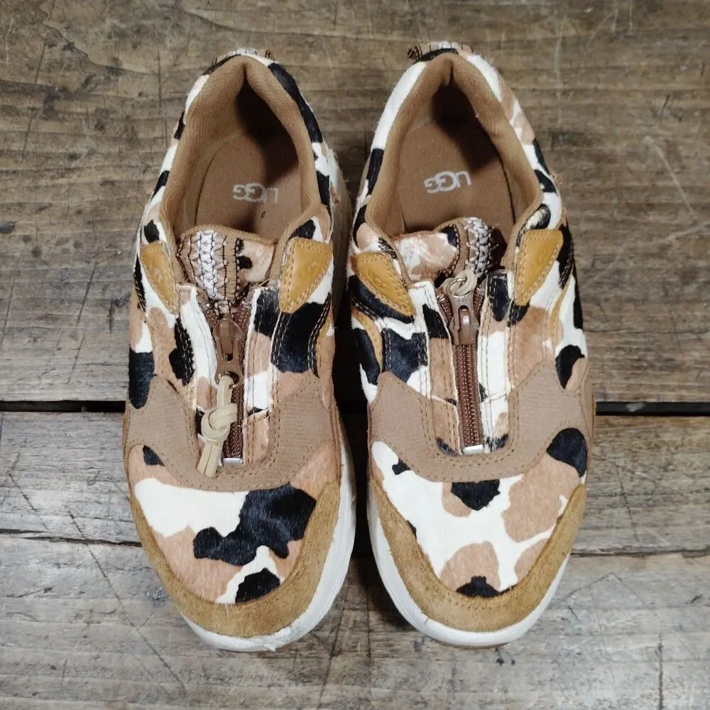 Ugg Sneakers 7.5 Cow Print 1120717 Brown Black Cream Zip Shoes Platform Suede